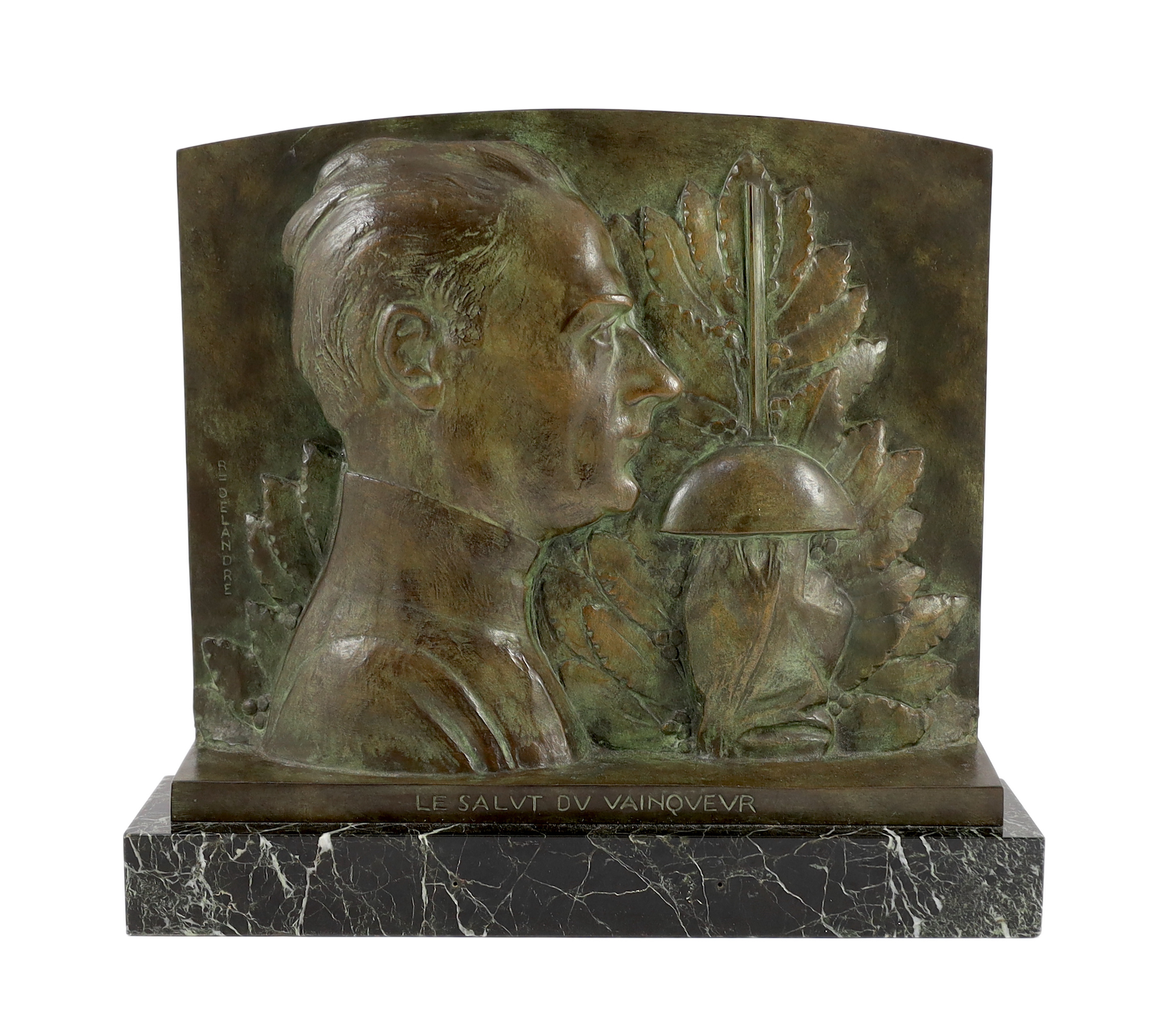 Robert Delandre (French 1879-1961). An Art Deco bronze commemorative plaque 'Le Salut du Vainqueur', 43.5cm wide, 10cm deep, 41cm high